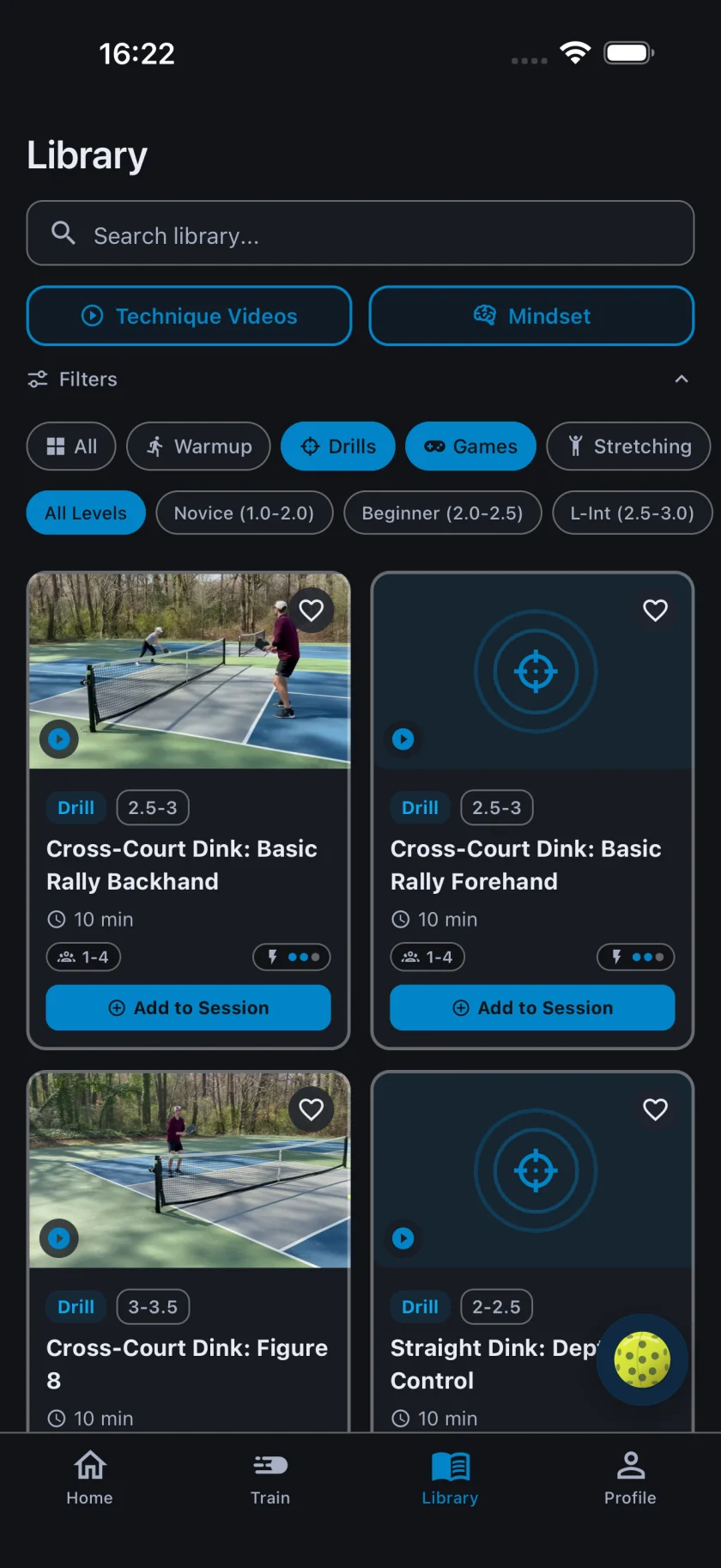 PicklePath.ai Library tab: drills and games with video, filtered by type and level, each with an Add to Session button