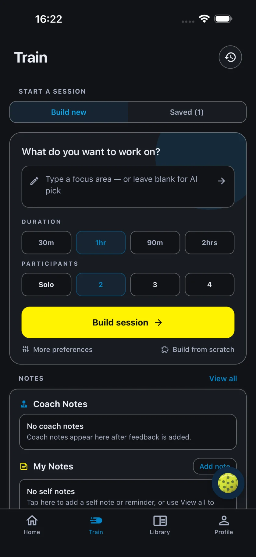PicklePath.ai Train tab: choose a focus area, session length and number of players, then build a session